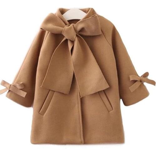 Girls Coat Fashion Solid Wool Coat For Girls Kids Outerwear with Bow Autumn Thick Winter Clothes For Girls 2-8T