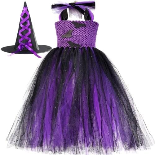 Purple & Black Girls Halloween Tutu Dress with Hat Sparkle Tulle Bat Witch Cosplay Costume for Kids Fancy Carnival Party Dresses