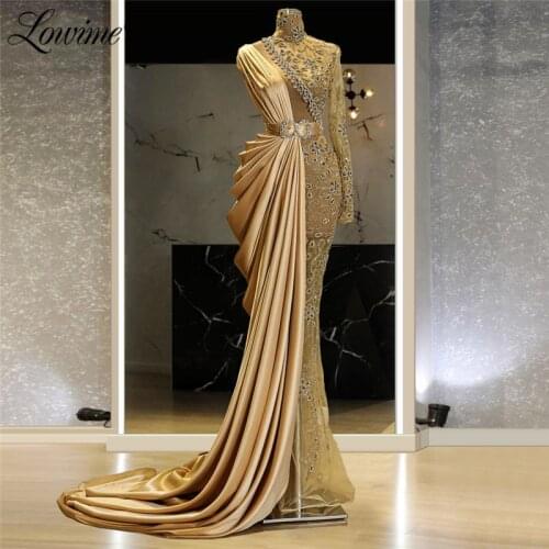 Lowime Luxury Dubai Crystals See Through Evening Dresses Long Party Gowns Crystals Celebrity Dress Arabic Mermaid Prom Dress