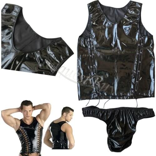 Sexy Men Wet Look Shiny Leather Lace Up Vest Top Bodysuit Clubwear Underwear Briefs Muscle Fetish Lingerie Set