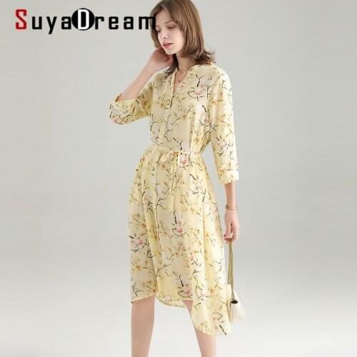 SUYADREAM Women Floral Dress 100%Silk Crepe Printed 3/4 Sleeves Sashes Shirt Dresses 2021 Summer Yellow