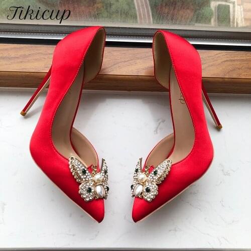 Tikicup Glitter Bow Women Red Silk Satin High Heel Wedding Shoes Pointy Toe Slip On Chic Stiletto Pumps Size 33-45 8cm 10cm 12cm