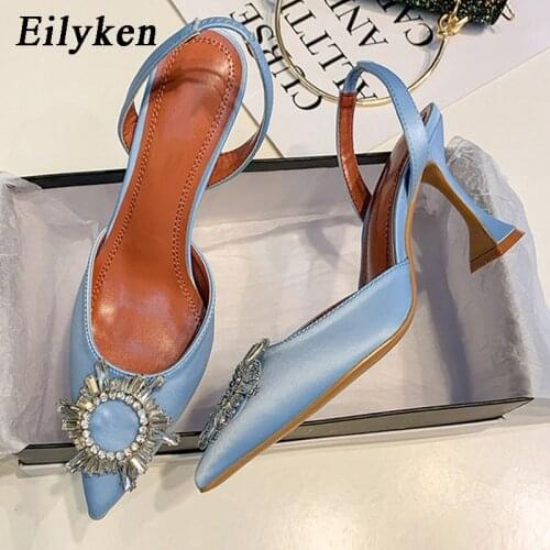 Eilyken Rose Red Women Pumps Silk Satin Pointed Toe Rhinestone Crystal High Heels Woman Wedding Dress Pumps On Cup Heeled Mules