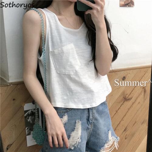Women Tanks Tops Female Crop Top Solid Thin Pocket Slim Sweet Girls Basic Outwear Korean Style Casual Cotton Soft Stylish Camis