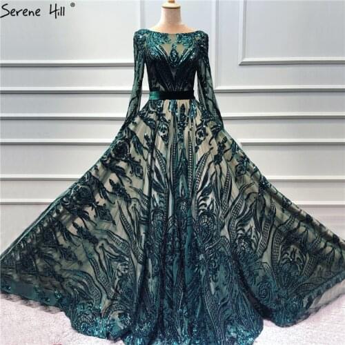 2020 Collection Long Sleeve Sequined Sparkle Prom Gowns Muslim Green A-Line Luxury Prom Dresses Real Photo BLA60799