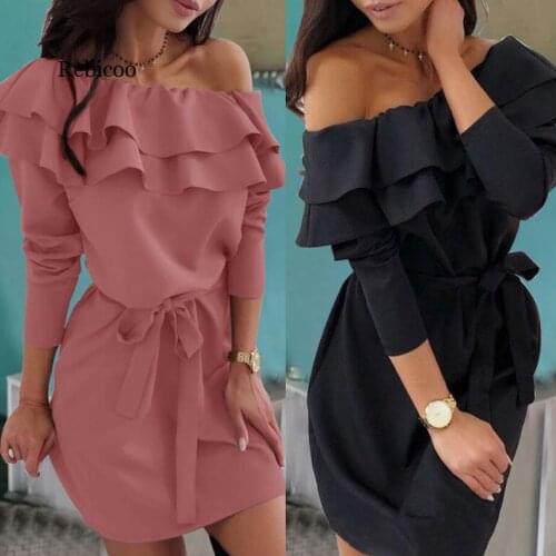 Elegant Fashion Ruffled Long Sleeve Dress 2020 Summer New Women Off Shoulder Dress Sexy Mini Dress Woman Party Dress Vestido