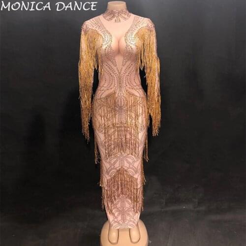 Women Sexy Stage Gold Tassel Dress Sparkle Crystals Nightclub Costume Birthday Party Performanc Stage Wear Singer Bling Costumes