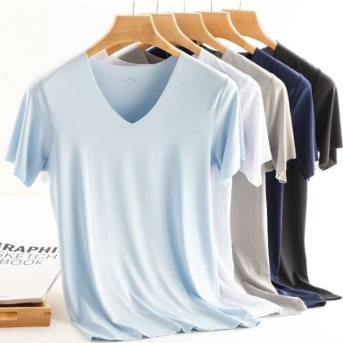 2021 Men T Shirt Fitness Elastic Ice T-shirts Mens V Neck Short Sleeve for Male Micro Fiber Tshirts M-5XL Clothing Free Shipping