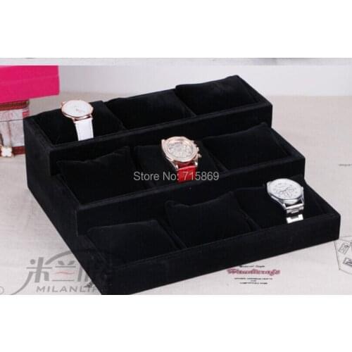 Free Ship 1pcs Black Color wood+Velvet Jewelry Display Case 12 Grid Pillow Watches Bracelet