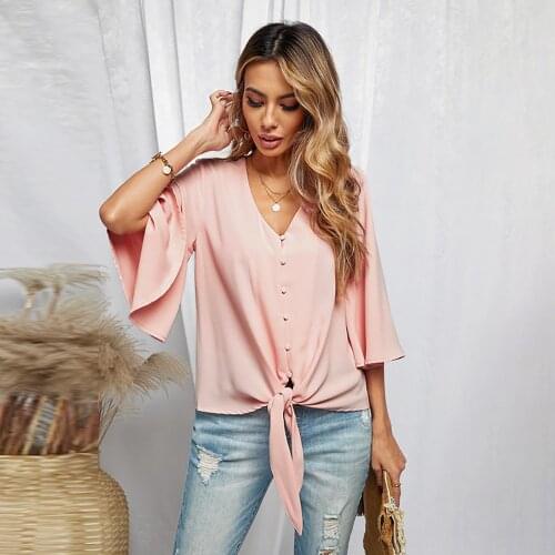 Za Womens Summer Blouses And Shirts 2021 Fashion Sexy V-Neck Single-Breasted Hem Lace-Up Solid Printed Blouse Women Tops Female