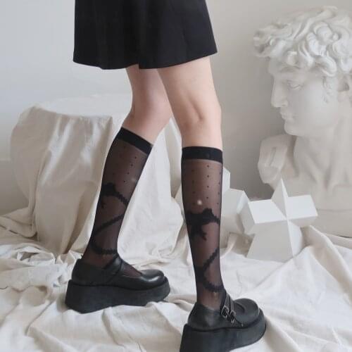 Japanese Style Womens Stockings Lolita Kawaii Cute Knee High Socks Summer Thin Transparent Silk Black White Thigh High Stocking