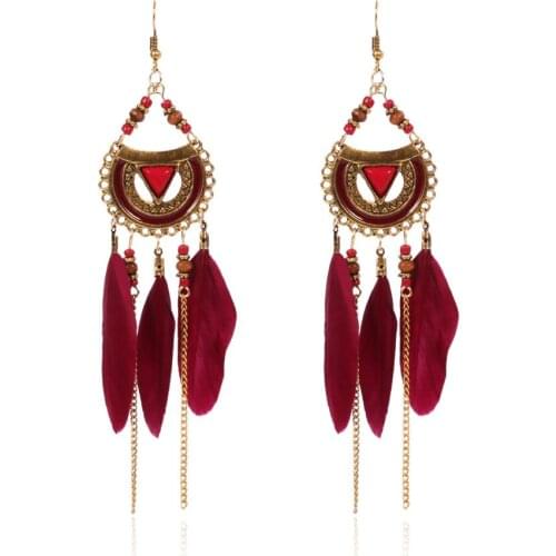 Long Feather Earrings For Women Tassel Chain White Red Statement India Beads Earrings Birthday Gift 2019