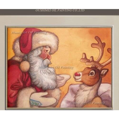 Handmade Father Christmas and Milu Deer on canvas Paintings Hand Painted Modern Landscape Oil Painting Christmas Decor For Room