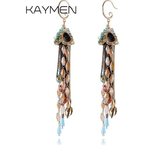 KAYMEN Handmade Bohemia Style Tassels Drop Dangle Crystal Earrings For Girls, Golden Plated Chains Fashion Earrings EA-04137
