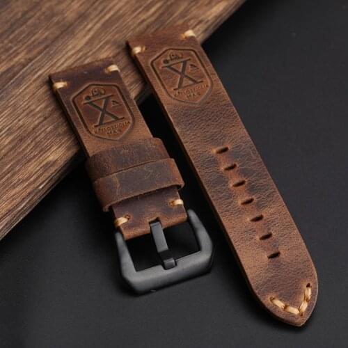Handmade Leather Strap, 20 22 24 26MM Black-Brown X-Skull Head Decorated Cowhide Men Bracelet, Suitable For Military strap