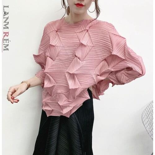 LANMREM 2020 Antumn New Casual Fashion Women Loose pleated tee t-shirt for famale Solid Color three quarter Sleeve tops TC088