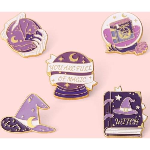 Fashion Cartoon Gothic Witch Badge Purple Crystal Ball Magic Book Hat Metal Enamel Chest Cute Halloween Jewelry Accessories Gift