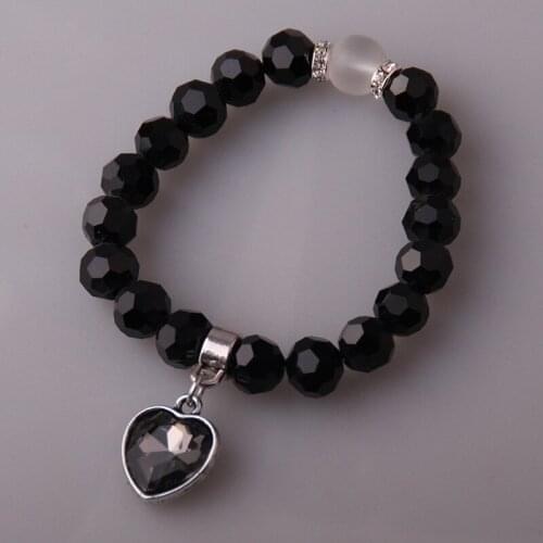 MOODPC Fashion Black Faceted Crystal Alass Beads With Gary Crystal Heart Bracelet Ladies Stretch Bracelets