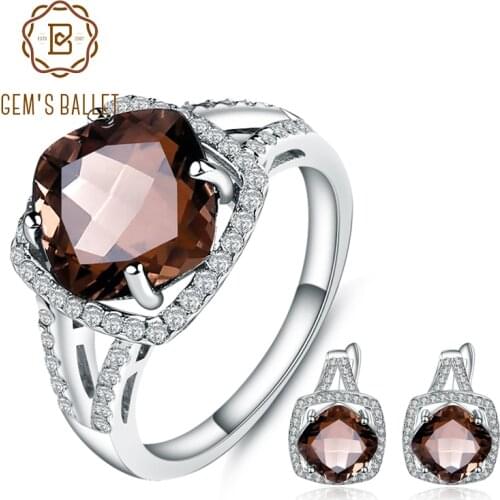 GEMS BALLET Geometric Fine 9.6Ct Natural Smoky Quartz Jewelry Set For Women Wedding 925 Sterling Silver Earrings Ring Set