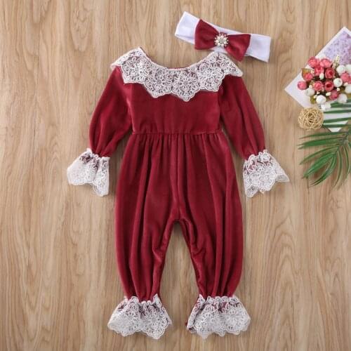 Pudcoco Newborn Baby Girl Clothes Solid Color Lace Ruffle Velvet Plush Romper Jumpsuit Headband 2Pcs Outfits Clothes