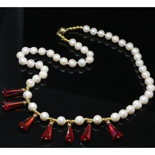 New Natural Freshwater White 7-8mm Pearl Necklace Earrings Set Gold-color Teardrop Crystal Beads Jewelry 19inch 1427