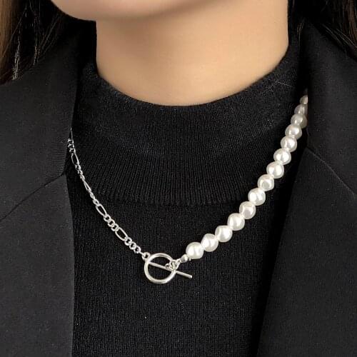Imitation Pearl Figaro Chain Splicing Necklace for Women Silver Color Clavicle Chain Short Necklaces 2021 Fashion Jewelry Simple