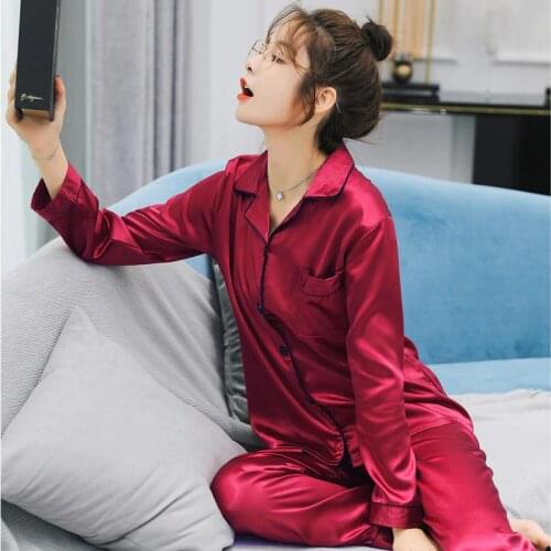 New Faux Silk Pajamas Nightwear Women Set Soft and Comfortable Simple Pure Color Leisure Long Sleeve Sleepwear