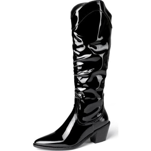 Patent Leather Pleated Autumn And Winter Womens Knee-Length Boots 2020 Bright Leather Pointed Toe Thick Heel V-Mouth Boots