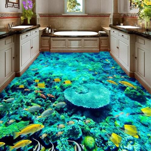 Custom 3D Floor Sticker Mural Paintings PVC Self-adhesive Wallpaper Waterproof Living Room Bathroom Floor Mural Ocean Wallpaper