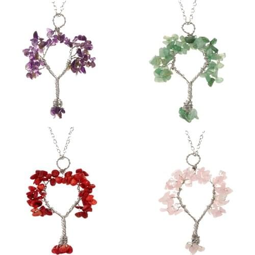 Natural Raw Stone Handcrafted Necklace Metal Wrapped Eternal Reiki Stone Long Unique Tree of Life Design