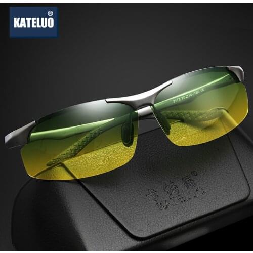 KATELUO 2020 Day Night Vision Glasses Mens Anti-glare Glasses for Driving Rimless Polarized UV400 Sunglasses For Men 2173