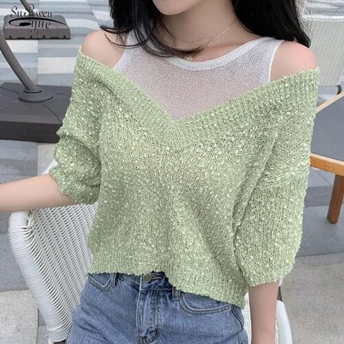 Korean Loose V-neck Cutout Knitted Blouse Women Summer Splice Two-Piece Short-Sleeve Top Thin Pullover Short Blouse Fashion 9775