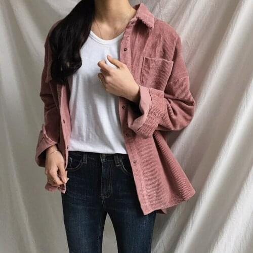 Womens Shirt Jackets Corduroy Long Skeeve Pockets Loose Korean Student Casual Clothing Outerwear Side Split Female