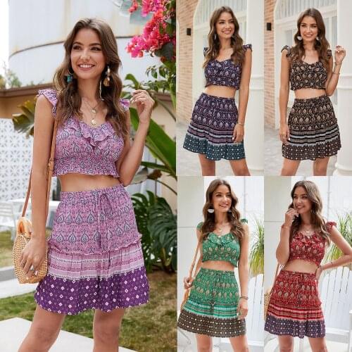Women Sexy 2 Pieces Dress Sets Ruffles Spaghetti Strap Crop Top Summer Print Skirts Suits Fashion Red Outfits YY21