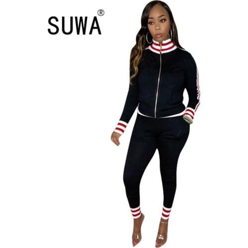 INS Hot Recommend Style Red White Striped Printed Tracksuit Women Sets Clothing Zipper Long Sleeve Jacket Top Jogger Pants Suit