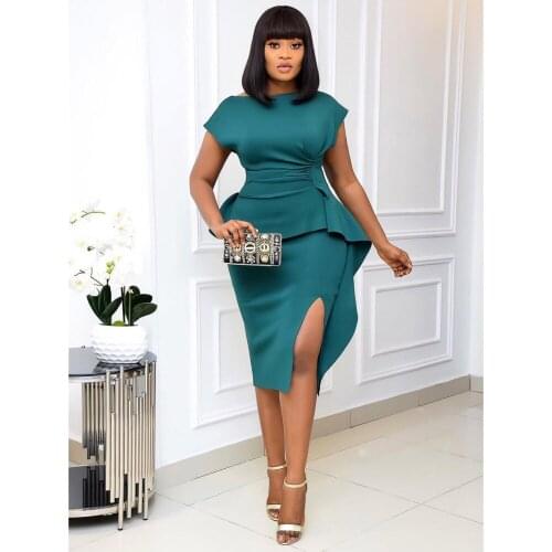 Women Elegant Bodycon Party Dress Side Split White Green Dress Knee Length Ladies Work Wear Modest Vestidos African Clothing