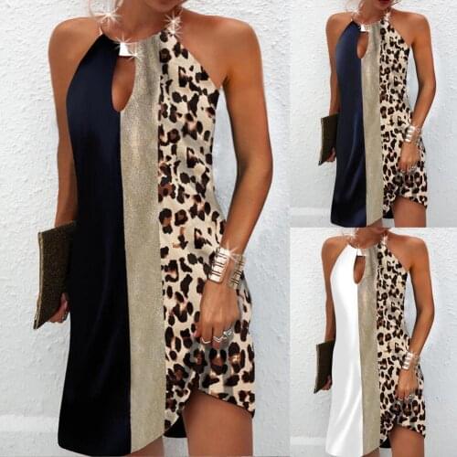 Summer Personality Patchwork Leopard Print Women Dress Soft Sleeveless Backless Halter Mini Dress Streetwear Evening Party Wear