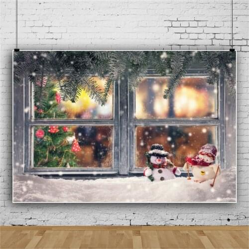 Winter Backdrops For Photography Window Wood Will Snowman Pine New Year Party Child Baby Portrait Photo Background Photo Studio