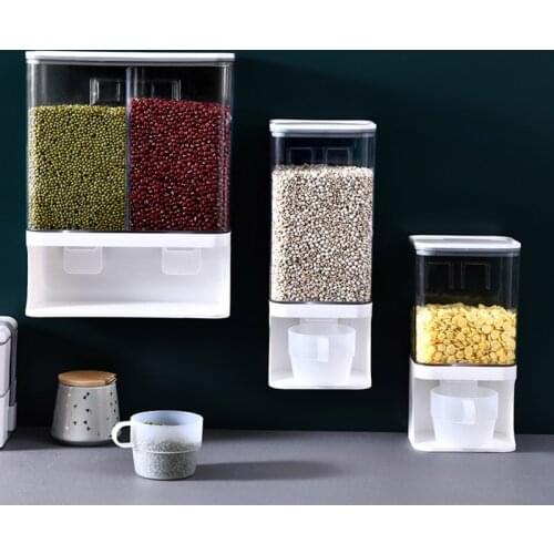 1/1.5/3L Wall Mounted Divided Rice Cereal Dispenser Kitchen Dry Food Container Automatic Storage Box