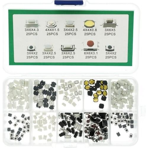 250Pcs 10 Value Tactile Push Button Switch Micro Switch for MP3 MP4 LCD Monitor Car remote control Momentary Assortment Kit