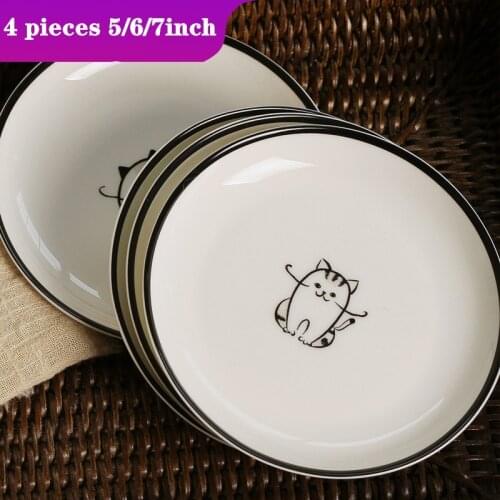 4 pieces Dinner Plates Ceramic Tableware Cute Dishes and Plates Sets for breakfast cake fruit container Cat Pattern Dessert Tray