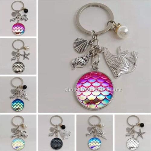 Summer beach glass keychain fish scale starfish shell keychain turtle conch keychain cute marine animal keychain