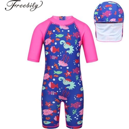 Kids Girls Swimsuits Swimwear Fish Flamingo Pattern Printed Rash Guards + Cap Childrens Swimwear Beach Wear Girls Rashguards