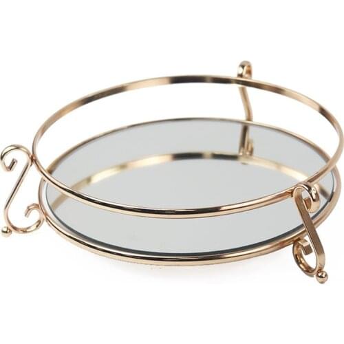 European-style Home Glass Mirror Storage Tray Creative Geometric Wrought Iron Mirror Display Tray Round Storage Ornaments