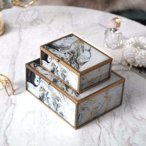 European Agate Pattern Storage Boxs Metal Frame Decorative Cosmetic Container Dressing Table Jewelry Organizer Home Decoration