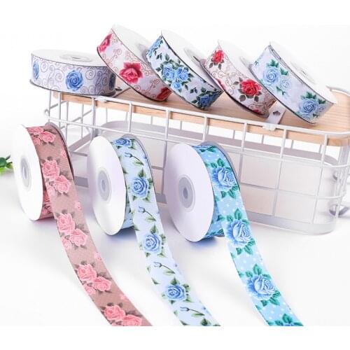 5yards/lot 25mm Rose Printed Grosgrain Ribbons Gift Wrap Decoration Christmas Ribbons DIY Bow Craft Card Gifts Wrapping Supplies
