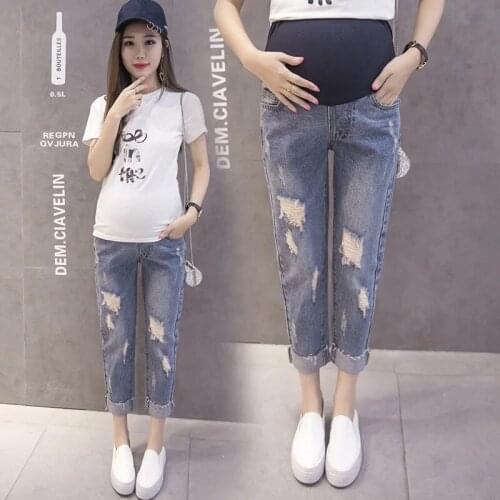 Summer Fashion Dark Blue Hole Pockets Maternity jeans Loose Adjustable Pants Clothes for Pregnant Women jeans Pregnancy Clothing