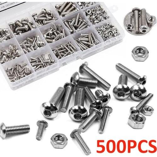 New 500Pcs Stainless Steel Inner Hexagon Screws And Nuts Assortment Set Fastener Sorting Kit Repair Tool M3/M4/M5