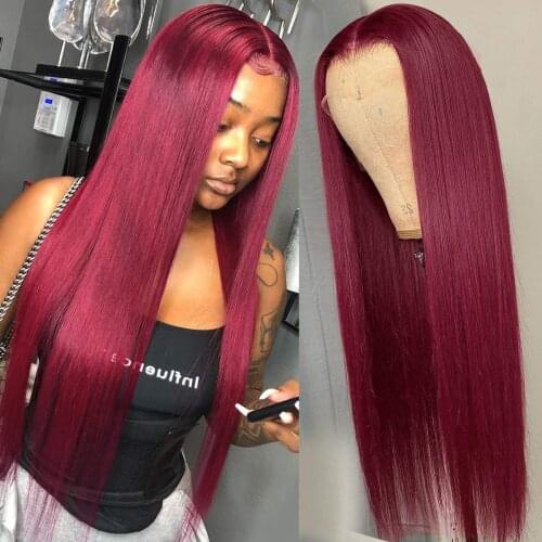 Middle Part Glueless 13X4 Lace Front Wigs Silky Straight Burg 99j Hair Color Synthetic Lace Wigs with Baby Hair Natural Hairline