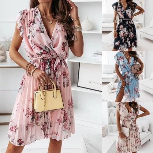 Dress Women Summer Europe United States new wave sleeve accept waist floral pleated knee length Dresses Casual Vestidos ZXP1668